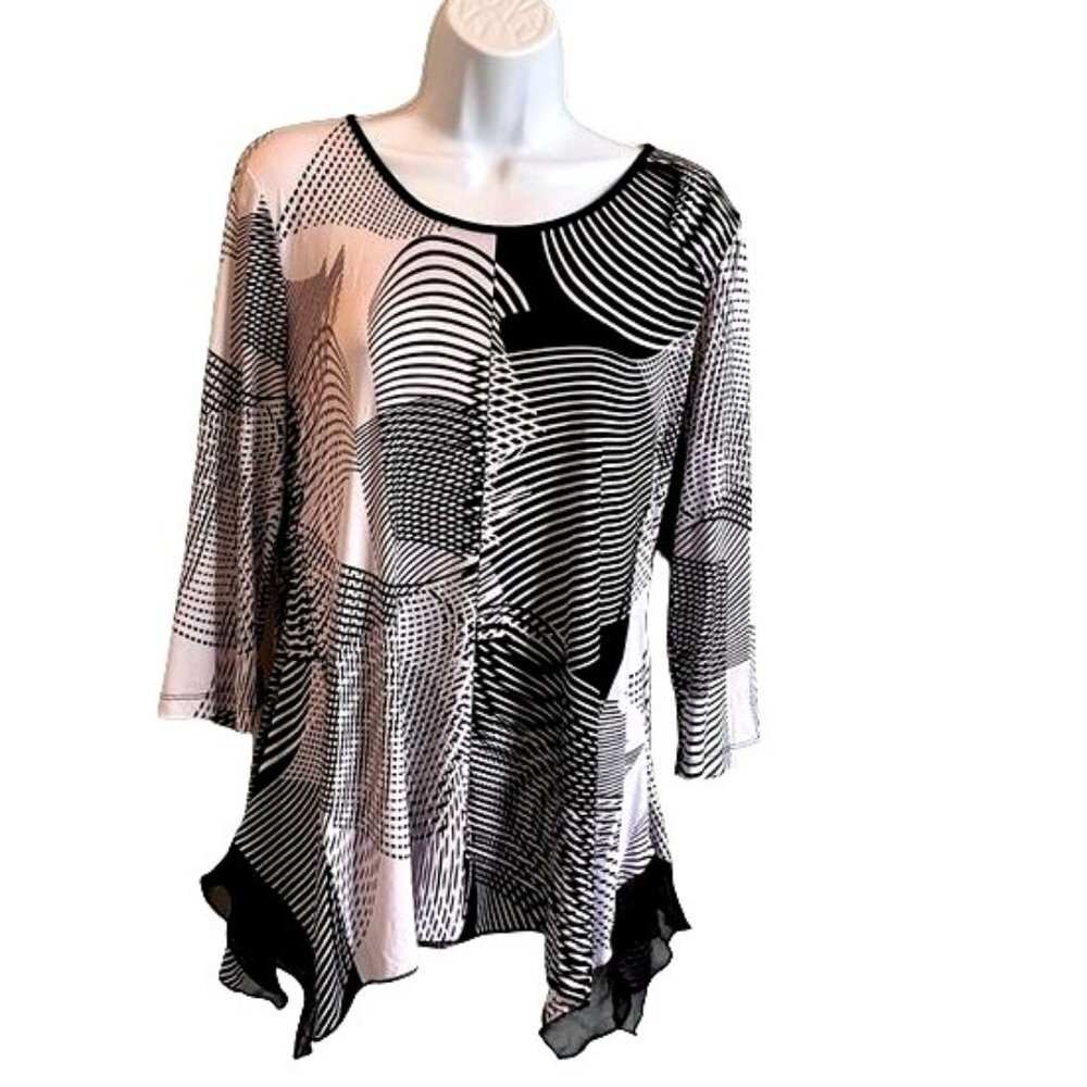 Peter Nygard Petite Black White Abstract Tunic Asymmetric Hemline Top Women's MP
